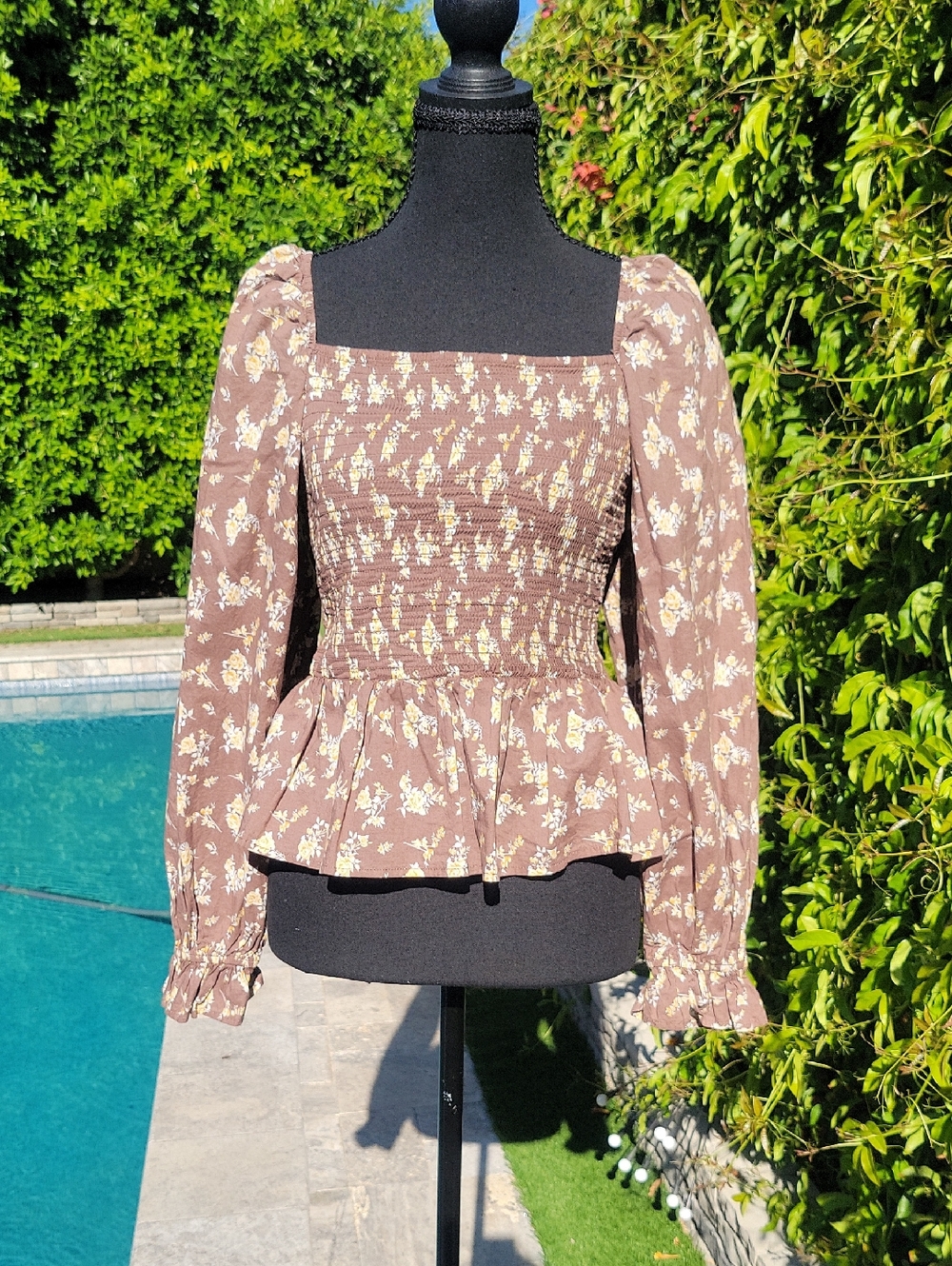 Brown Floral 100% Cotton Puff Sleeve Stretchy Boho Blouse L